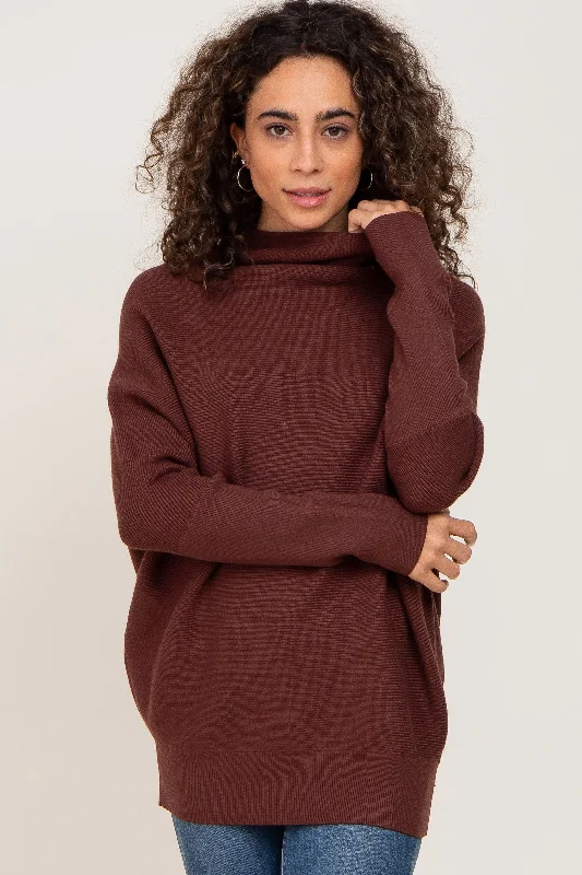 Brown Funnel Neck Dolman Sleeve Sweater Embroidered Appliqued Beaded