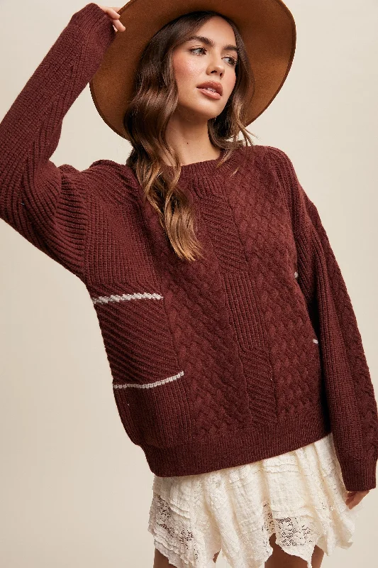 Brown Striped Mixed Cable Knit Sweater Stylish Fashionable Trendy