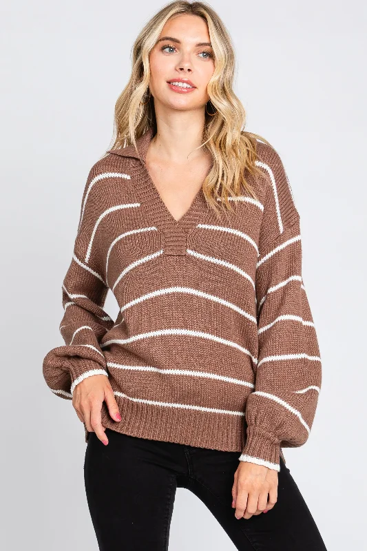 Brown Striped V-Neck Collared Sweater Rayon Fabric Velvet Fabric Corduroy Fabric