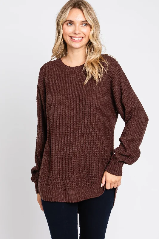 Brown Waffle Knit Round Hem Sweater Terry Blend Velvet Blend Canvas Blend