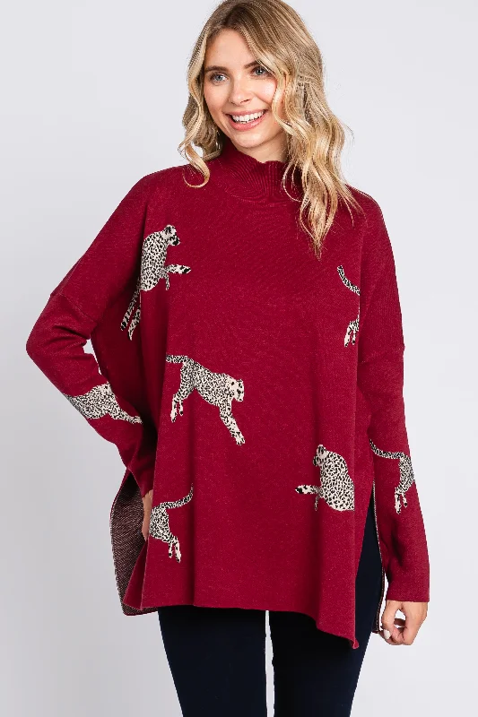 Burgundy Animal Print Side Slit Sweater Modern Contemporary Chic