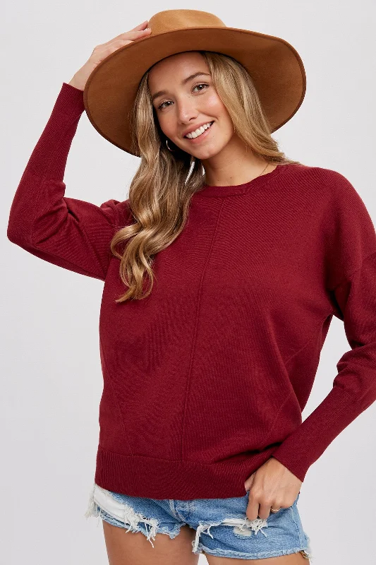 Burgundy Rib Knit Exposed Seam Sweater Ribbed Striped Patterned