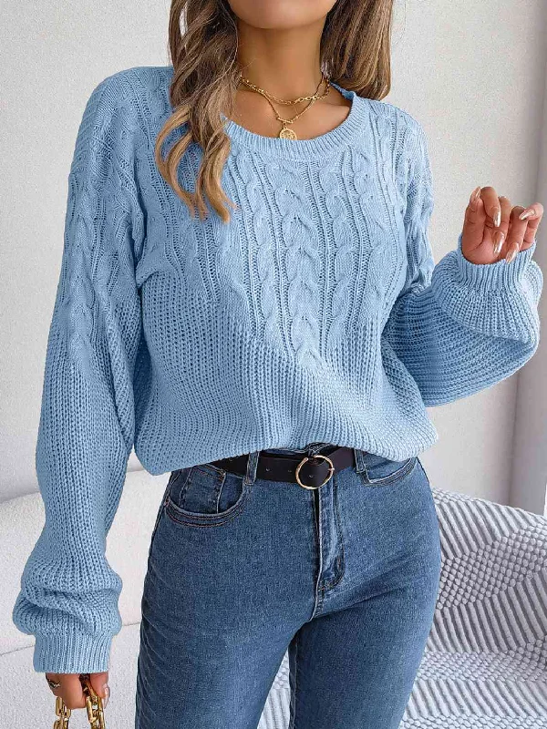 Hazel Blues® |  Cable-Knit Round Neck Drop Shoulder Sweater Terry Terry Cloth Terry Knit