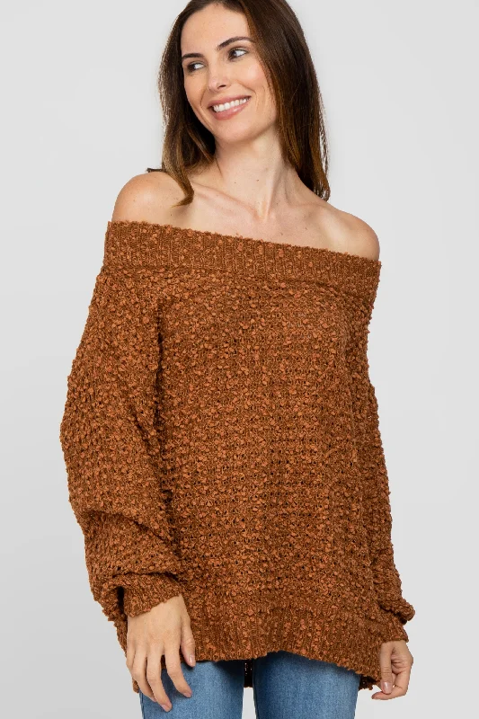 Camel Chunky Knit Sweater Boat Neck Shawl Collar Notched Collar
