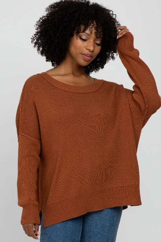 Camel Exposed Seam Side Slit Sweater Fitted Loose Oversized