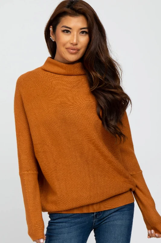 Camel Funnel Neck Dolman Sleeve Sweater Front Pockets Side Pockets Patch Pockets