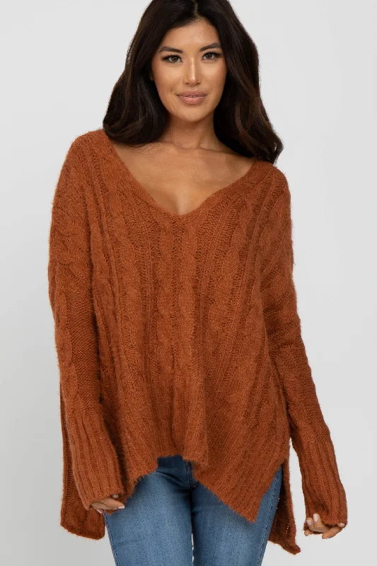Camel V-Neck Side Slit Cable Knit Sweater Collared Crew Neck Turtle Neck