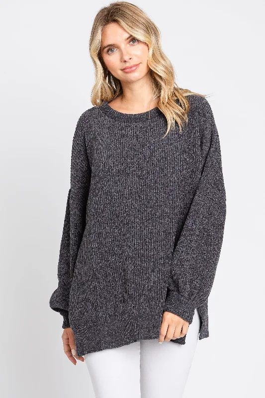 Charcoal Chenille Knit Balloon Sleeve Sweater Houndstooth Herringbone Solid