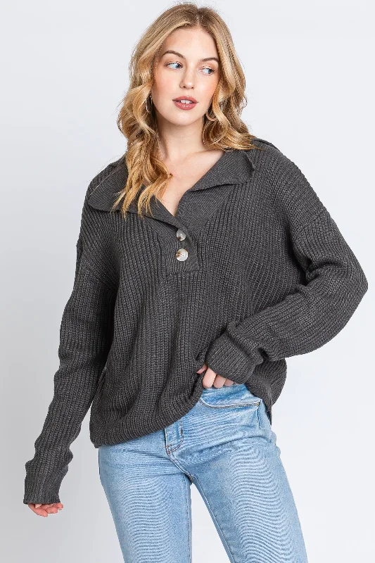 Charcoal Chunky Knit Front Button Sweater Zippered Front Buttoned Front Snap Front