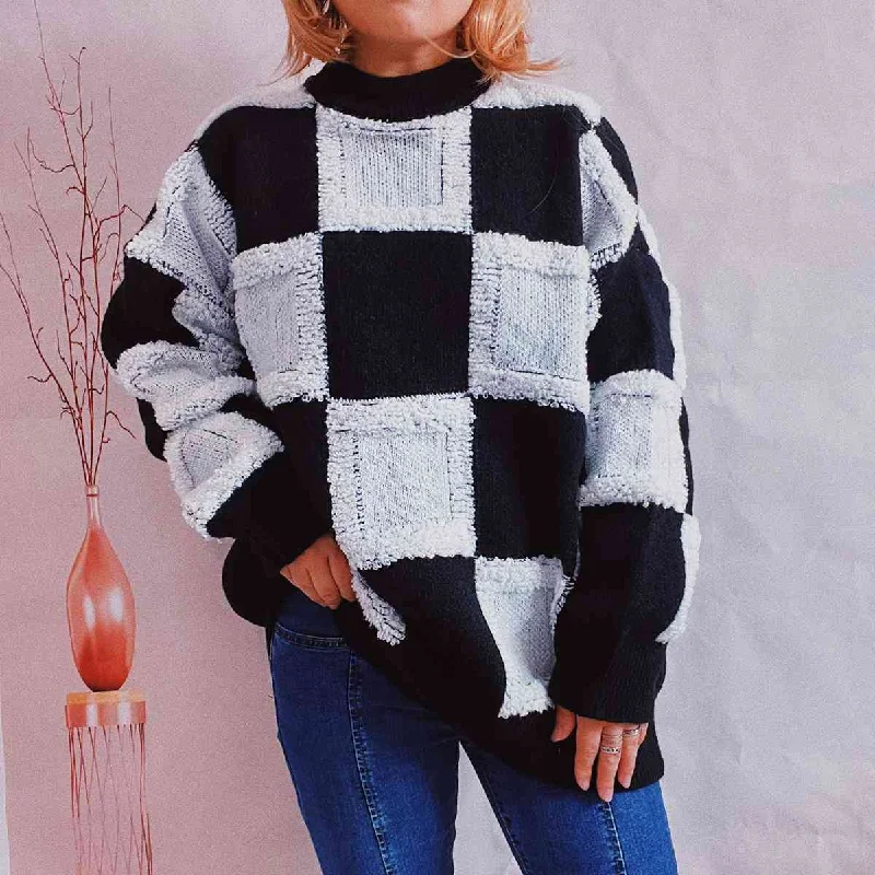 Hazel Blues® |  Checkered Round Neck Long Sleeve Sweater Velvet Chenille Corduroy