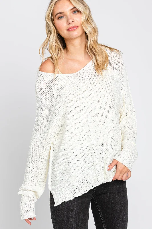 Cream Chunky Knit Side Slit Sweater Soft Cozy Warm