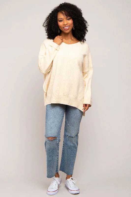Cream Dolman Sleeve Side Slit Sweater Silk Blend Satin Velvet