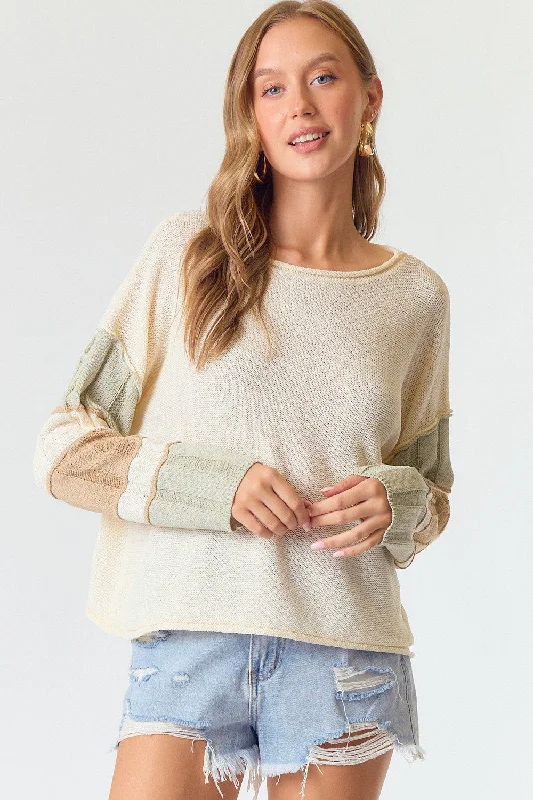 Cream Multi Stripe Sleeve Sweater Top Knit Fabric Woven Fabric Fleece Fabric