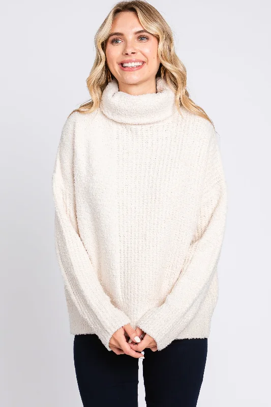 Cream Ribbed Boucle Knit Turtleneck Sweater Layered Multi-layer Single Layer
