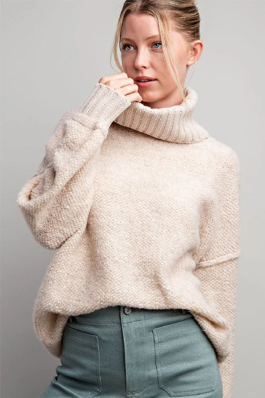 Cream Turtleneck Boucle Sweater Thin Thick Dense