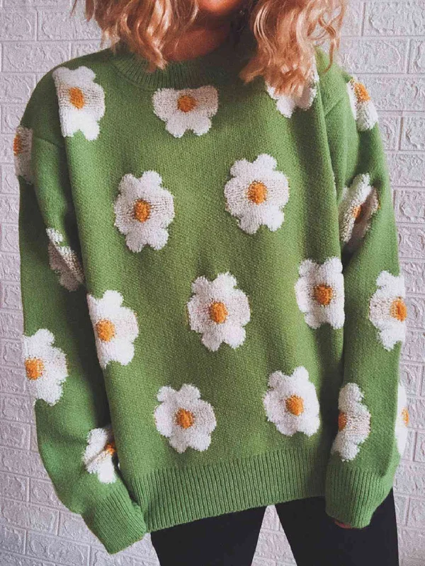Hazel Blues® |  Flower Round Neck Long Sleeve Sweater Oversized Loose Flowy