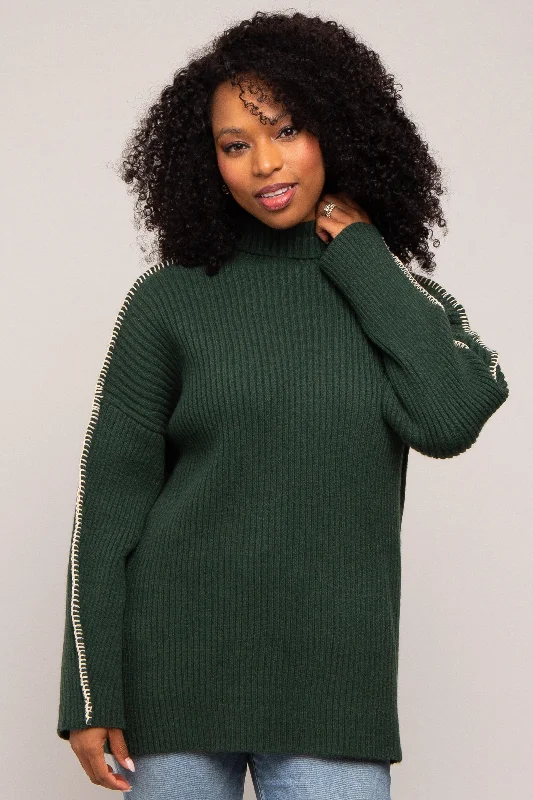 Forest Green Contrast Stitch Turtleneck Sweater Cable Knit Ribbed Knit Lace Knit
