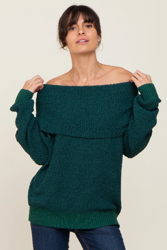 Forest Green Foldover Off Shoulder Sweater Stylish Fashionable Trendy