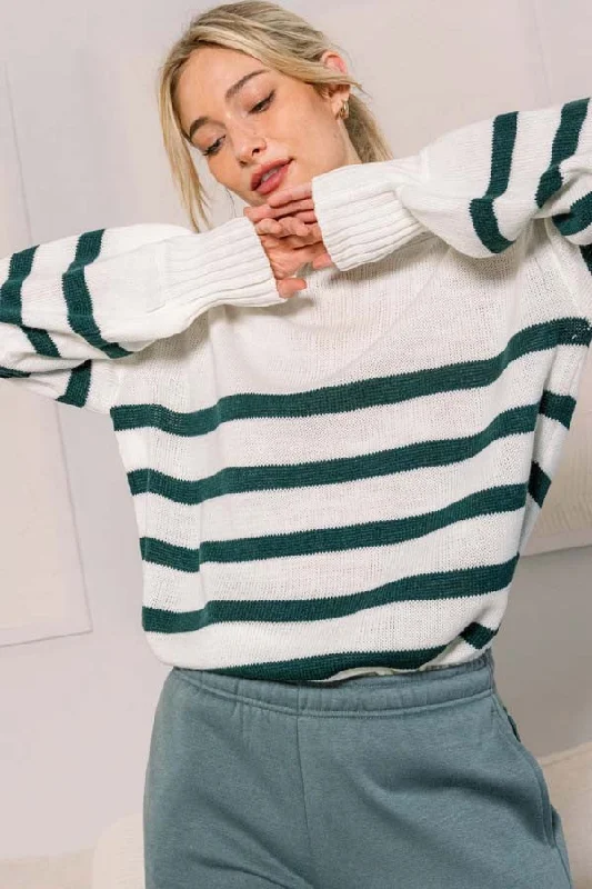 Forest Green Striped Oversized Side Slit Sweater Cashmere Blend Cotton Blend Poly Blend