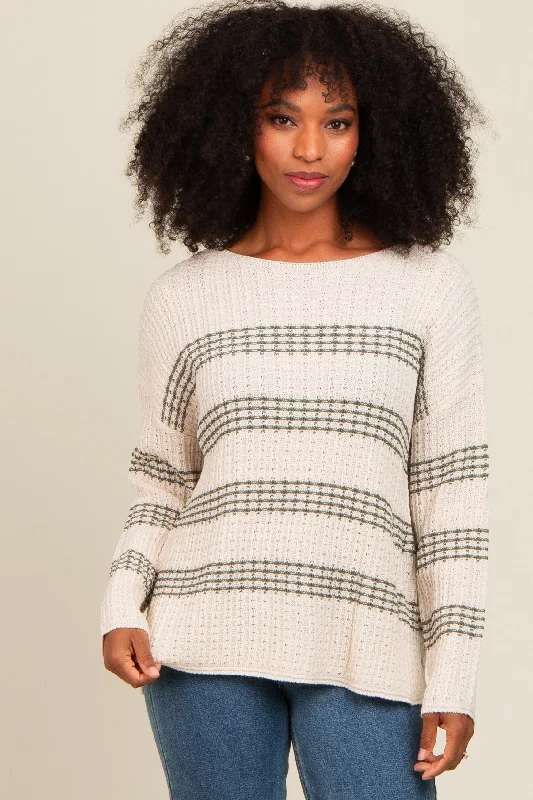 Forest Green Striped Waffle Knit Sweater Turtle Neck Boat Neck Asymmetrical Neck