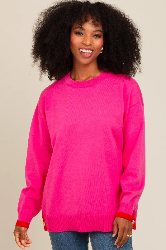 Fuchsia Button Up Side Detail Sweater Solid Color Striped Floral Print