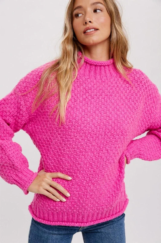 Fuchsia Chunky Knit Mock Neck Sweater Spandex Rayon Corduroy