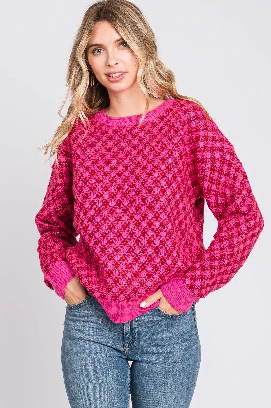 Fuchsia Diagonal Houndstooth Sweater Dress Machine Wash Dry Clean Hand Wash