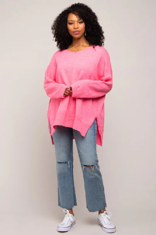 Fuchsia Dolman Sleeve Side Slit Sweater Graphic Sweater Embroidered Appliqued