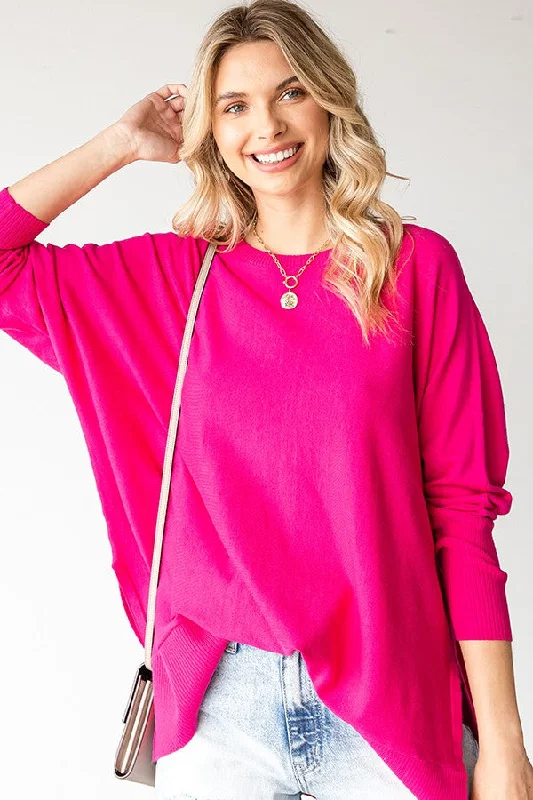 Fuchsia Dolman Sleeve Side Slit Sweater Plaid Sweater Polka Dot Checkered