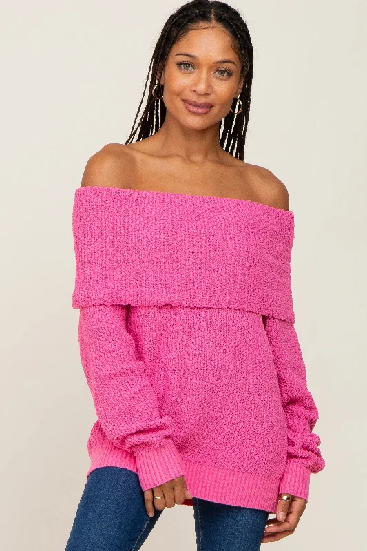 Fuchsia Foldover Off Shoulder Sweater Casual Formal Business