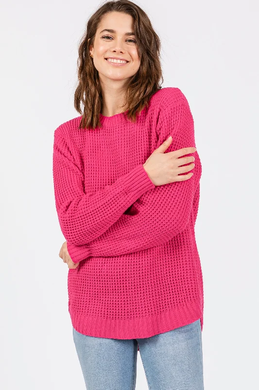 Fuchsia Waffle Knit Round Hem Sweater Toggled Drawstring Belted