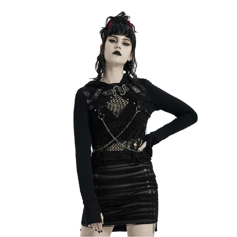 Gothic Hooded Chain Top - Warm Knitted Sweater Mesh Sweater Canvas Denim