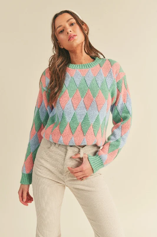 Green Blush Multi-Color Diamond Knit Sweater Wool Sweater Cotton Sweater Cashmere Sweater