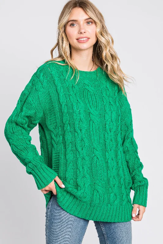 Green Chunky Cable Knit Sweater Elegant Classic Vintage