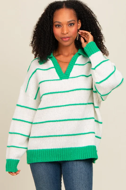 Green Striped Collared Dolman Sleeve Sweater Chenille Brocade Lace