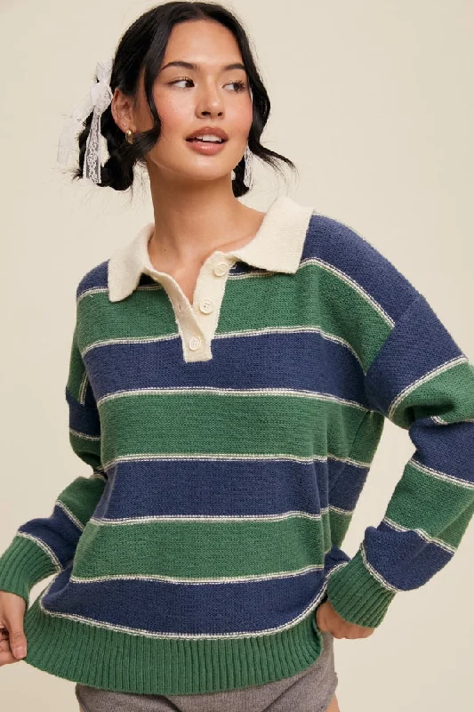 Green Striped Polo Knit Sweater Bright Pastel Dark