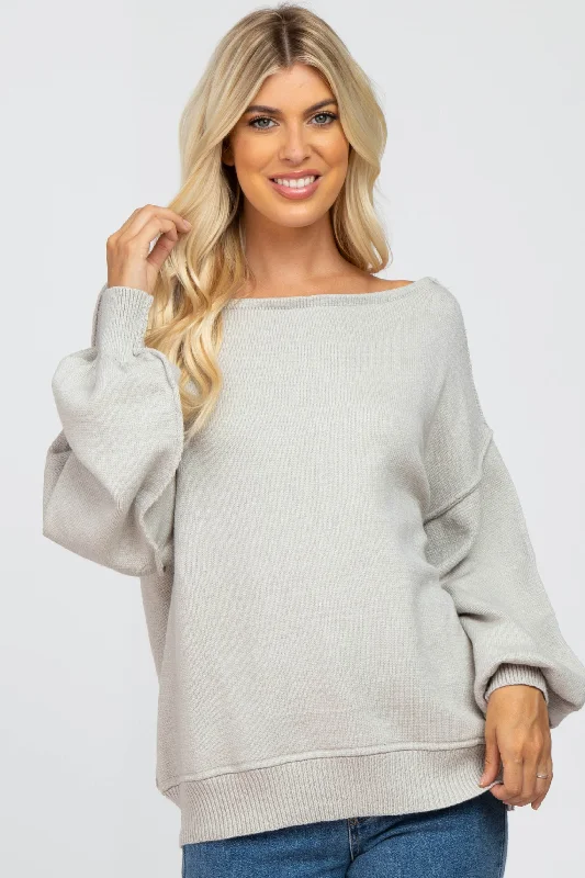 Grey Boat Neck Bubble Sleeve Sweater Long Sweater Short Sweater Cropped Sweater
