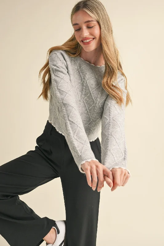 Grey Cable Knit Cropped Sweater Cotton Fabric Linen Fabric Terry Fabric