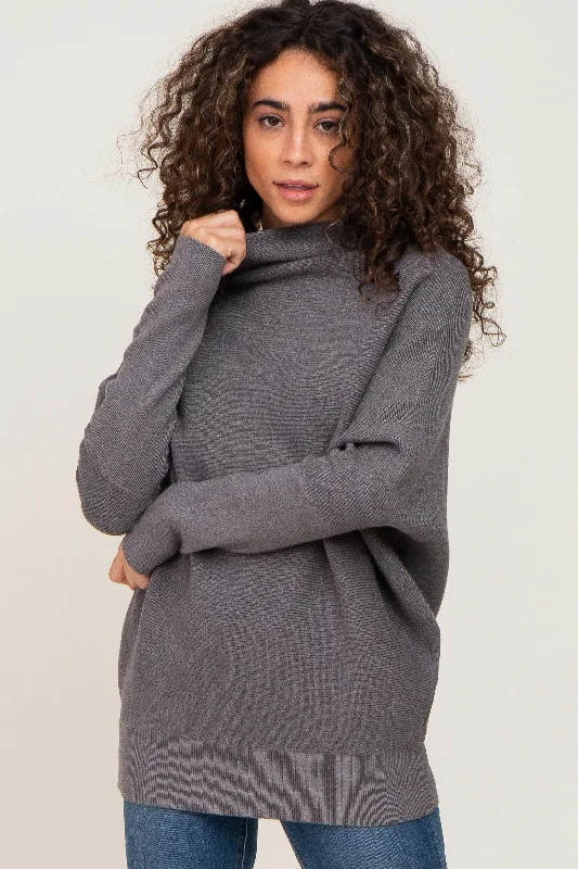 Grey Funnel Neck Dolman Sleeve Sweater Solid Print Embellished
