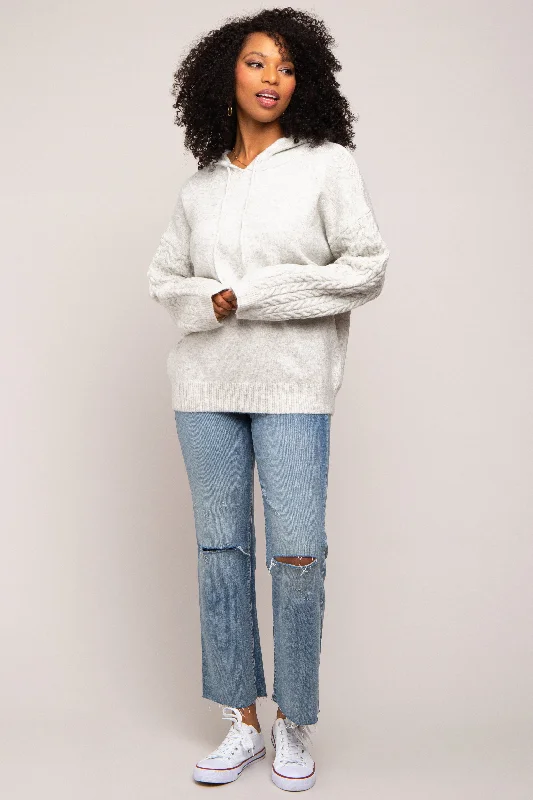 Grey Mixed Knit Hooded Sweater Chenille Brocade Lace