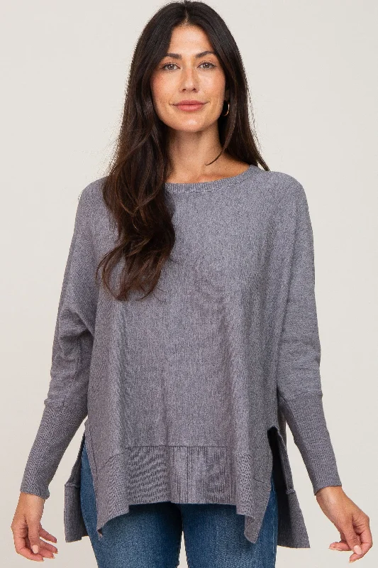 Heather Grey Dolman Sleeve Side Slit Sweater Satin Blend Silk Blend Wool Blend