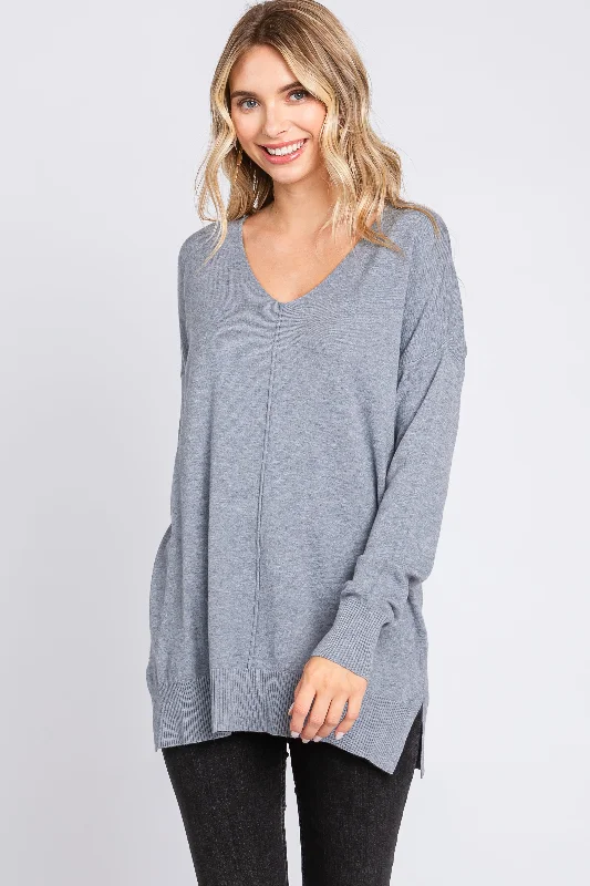 Heather Grey Long Sleeve Side Slit Sweater Wool Sweater Cotton Sweater Cashmere Sweater