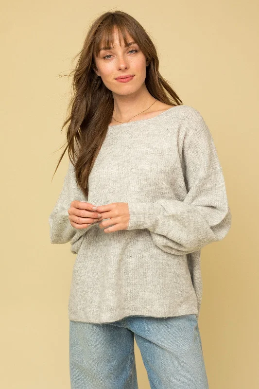 Heather Grey Soft Knit Lace Up Back Sweater Print Jacquard Patchwork
