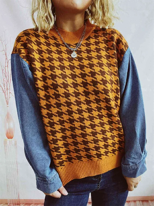 Hazel Blues® |  Houndstooth Denim Sleeve Sweater Sequined Glittery Shiny