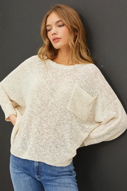 Ivory Front Pocket Dolman Long Sleeve Knit Sweater Sweater Knitwear Pullover