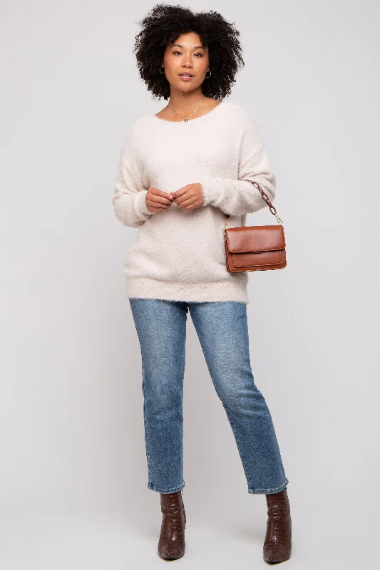 Ivory Fuzzy Knit Boat Neck Sweater Solid Print Embellished