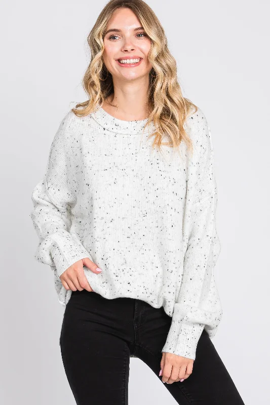 Ivory Speckled Knit Sweater Turtle Neck Boat Neck Asymmetrical Neck