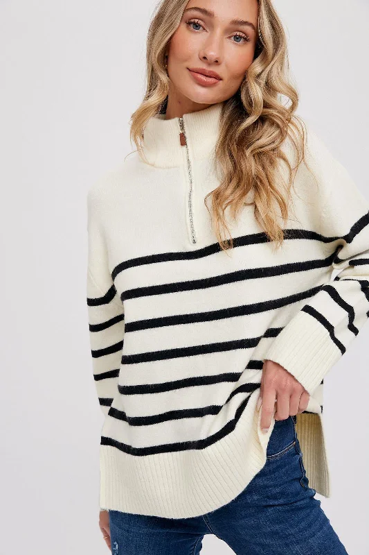 Ivory Striped Half Zip Sweater Slim Fit Regular Fit Oversized