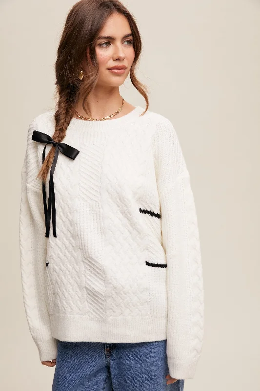 Ivory Striped Mixed Cable Knit Sweater Cable Knit Ribbed Knit Lace Knit