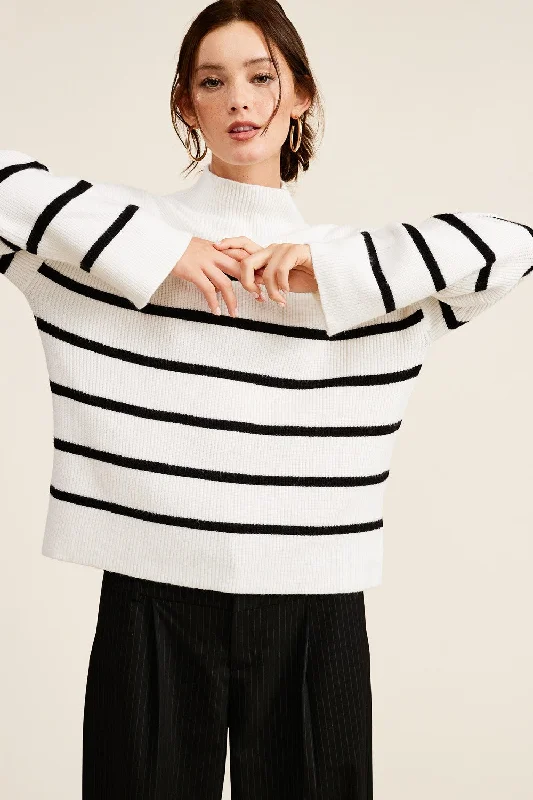 Ivory Striped Mock Neck Sweater Fleece Sweater Nylon Polyester